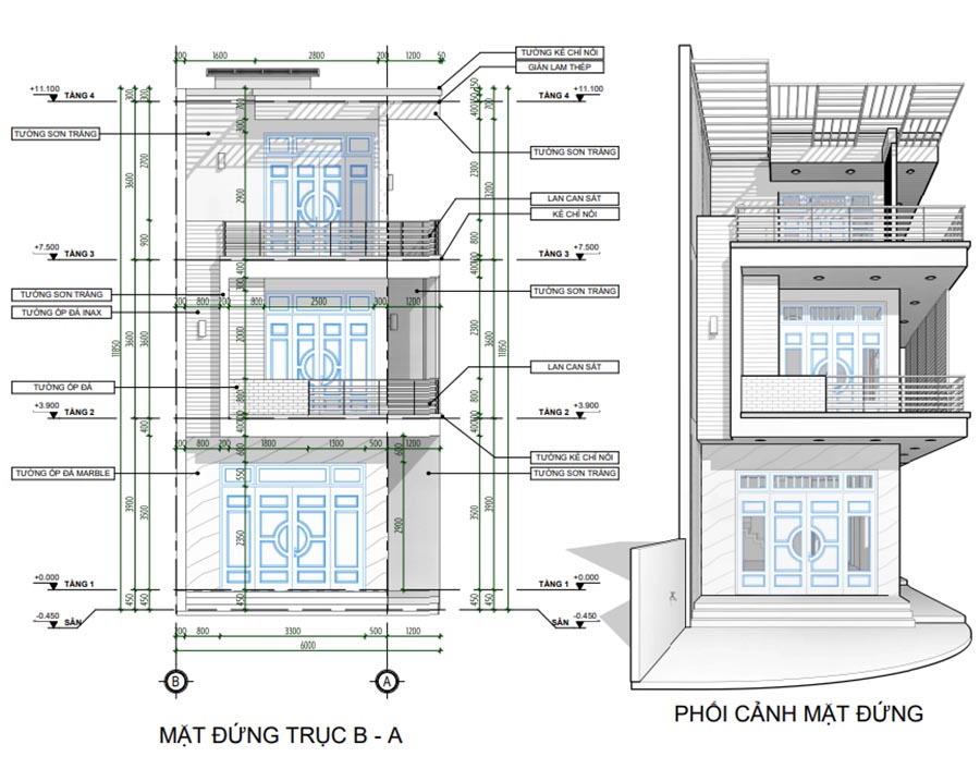 mặt tiền phối cảnh không giống với thiết kế